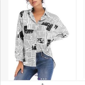 Black and White Newspaper print polyester oversized blouse Size 3xl